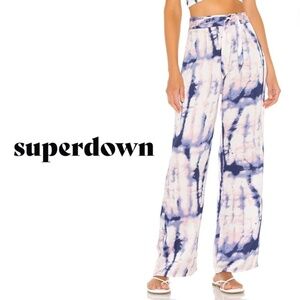 Superdown NWT Nicky Pant Tie Dye Blue Multi Tie Waist Wide Leg Pant - Size M